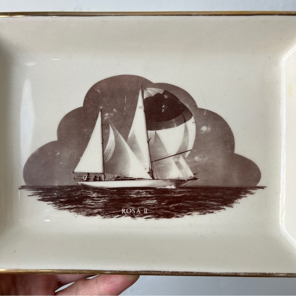 Vintage MCM Sailboat trinket dish decorative plate gilded Delano Studios 1965 - Picture 4 of 15